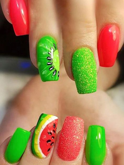 Oh wow, those medium-long loose powder wearable nails with a watermelon design sound super cute for the summer! And it's awesome that the set comes with jelly glue and a rubbing strip. Perfect for a cool and stylish look! 🍉💅😍 Watermelon Nail Art, Nail Shapes Square, Kids Nail Designs, Nails For Summer, Nail Art For Kids, Fun Summer Nails, Nail Tip Designs, Watermelon Nails, Cute Summer Nails