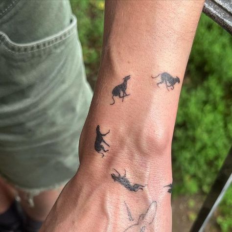 Tattoos Around Forearm, Dogs Running Tattoo, Animal Jaw Tattoo Knee, Black Dog Tattoos For Women, Tattoo Inspo Sleeve, Non Cheesy Dog Tattoo, Surfs Up Tattoo Movie, Sun Dog Tattoo, Creative Pet Tattoos