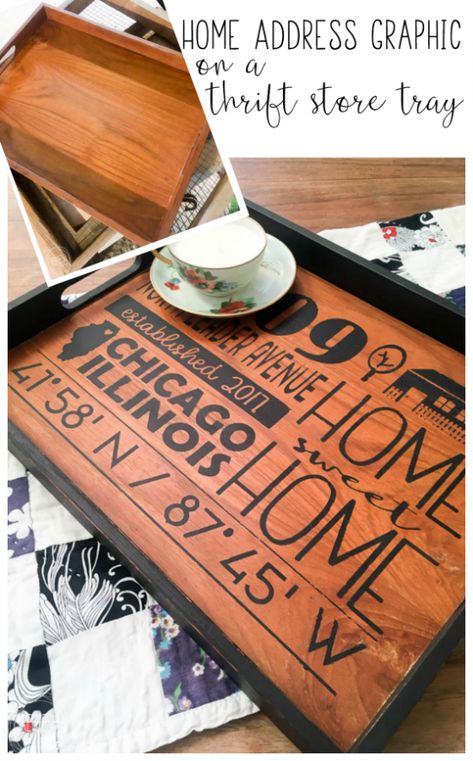 DIY Gift for the New Home Owner (upcycled from a thrift store tray!) Diy Vinyl Projects, Cricut Signs, Homeowner Tips, Glowforge Ideas, Thrift Store Upcycle, Homemade Ideas, Thrift Store Diy, House Address Sign, Homeowner Gift