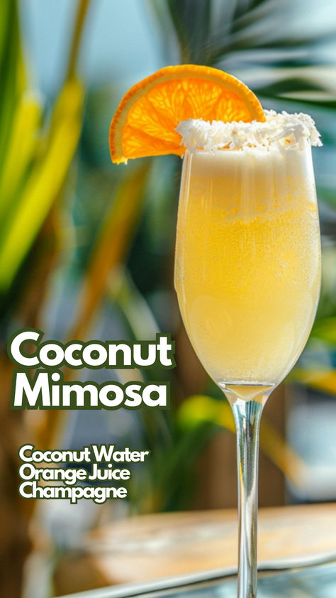 Coconut Mimosa Coconut Mimosa, Disney Dessert Recipes, Coconut Cocktails, Classic Mimosa, Orange Juice Cocktails, Cocktail Cards, Creative Drinks, Juice Cocktails, Mimosa Cocktail