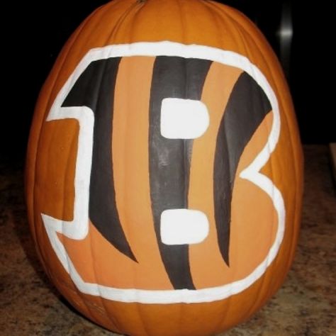 pumpkins  My freehandedly painted bengals pumpkin (for hubby) Bengals Pumpkin Painting, Football Pumpkins Painted, Bengals Crafts, Bengals Painting Cincinnati, Who Dey Bengals, Halloween Craft Treats, Pumpkin Decorating Diy, Finding A Hobby, Pumpkin Carvings Stencils