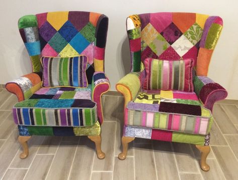 Patchwork Wingback Chair, Patchwork Chairs, Armchair Inspiration, Patchwork Armchair, Armchairs Uk, Unique Chairs, Upholstery Trends, Patchwork Chair, Chair Ideas