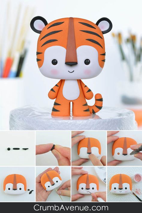 Cute, tiger, cake topper, figure, figurine, how to make, step by step, tutorial, fondant, gum paste, paste de goma, cake decorating, sugar craft, art, hobby, idea, clay, polymer clay, inspiration, jungle animals, birthday, kids, boy Cute Tiger Cake, Tiger Cake Topper, Kue Fondant, Make Step By Step, Fimo Kawaii, Tiger Cake, Clay Crafts For Kids, Art Hobby, Safari Cakes