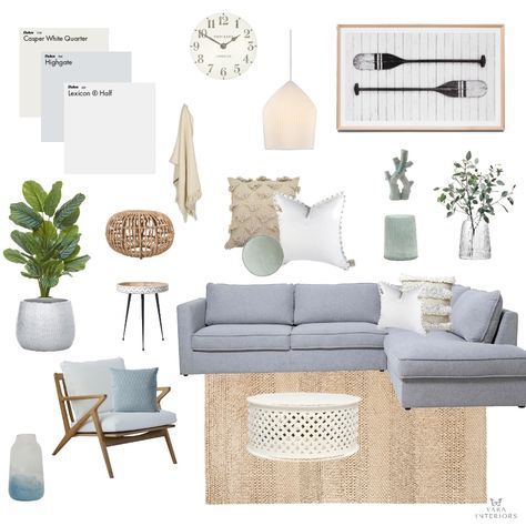 Calm Coastal Calm Coastal, Beach House Living Room, Modern Coastal Decor, Design Mood Board, Beach House Interior Design, Coastal Interiors Design, Deco Studio, Coastal Living Rooms, Ideas For Living Room