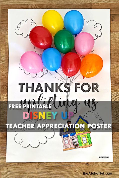 Easy Teacher Appreciation Door ideas. Print poster and hang up on the door or on the wall for teacher appreciation week. Three ideas: Great Teacher Among Us (for Among Us fans), Thanks for Uplifting Us (Disney Pixar Up Movie theme), and Thank You for Being Fintastic (Mermaid or Under the Sea theme). Downloads are free. Coloring the giant coloring page poster or print off the elements to cut out and glue for additional color. Inexpensive to print #teacherappreciationweek #teacherappreciationdoor Up Theme Teacher Appreciation Week, School Counselor Appreciation Week Poster, Teacher Appreciation Door Poster, Thank You Posters For Teachers Diy, Disney Staff Appreciation Week, Principals Day Ideas Appreciation Gifts From Kids, Disney Teacher Appreciation Gifts, Ideas For Principal Appreciation, Teacher Appreciation Door Posters