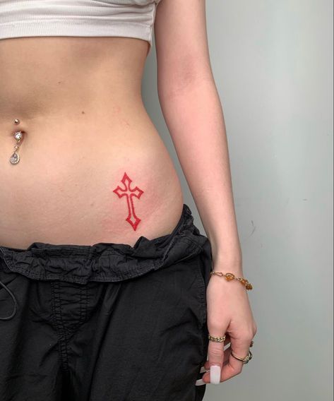 Cute Small Y2k Tattoos, Tiny Tattoos Waist, Lower Back Tattoos For Women Words, Lower Waist Tattoos For Women, Cross Stomach Tattoo, Tattoo Ideas Lower Stomach, Low Waist Tattoos For Women, Cross Tramp Stamp, Waist Line Tattoos For Women