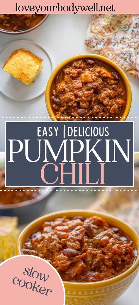 When fall comes around I crave all things pumpkin and I could eat chili every day so why not combine the two??   This Slow Cooker Pumpkin Chili is easy, healthy and will satisfy your craving for a hearty bowl of chili with a hint of pumpkin. Pumpkin Chili Slow Cooker, Chili Recipe With Corn, Bowl Of Chili, Pumpkin Chili Recipe, Fall Meal, Pumpkin Dishes, Pumpkin Chili, Chili Recipe Crockpot, Slow Cooker Pumpkin