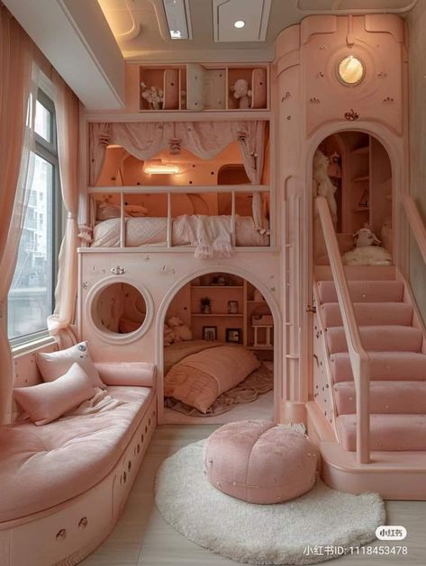 Maid Room Ideas, Room Inspo Bunk Bed, Pink Bunk Beds, Crazy Bedrooms, Bunk Bed Aesthetic, Aesthetic Bunk Bed, Princess Kids Room, Luxury Kids Bedroom, Amazing Bedroom Designs