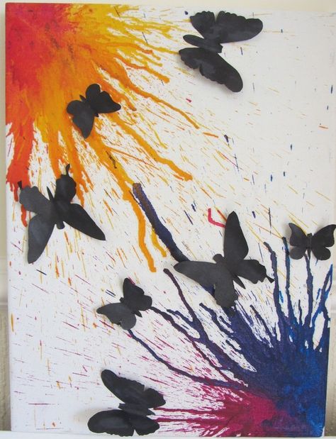 Butterfly Silhouettes On Wax Butterfly Art Craft, Melted Crayon Canvas, Wax Crayon Art, Crayon Canvas, Crayon Art Diy, Crayon Melting, Crayons Art, Silhouette Butterfly, Melted Crayons