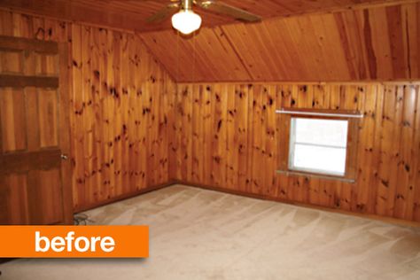 Before & After: An Elegant Bedroom Redo Fixing It Fast. Would love this at our cabin. Painting Knotty Pine Walls, Painted Knotty Pine Walls, Wood Panel Bedroom, Painted Wood Ceiling, Wood Paneling Makeover, Knotty Pine Walls, Paneling Makeover, Painting Wood Paneling, Painted Wood Walls