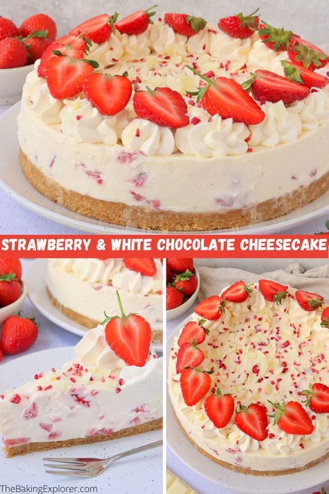 Chocolate Cheesecake No Bake, White Chocolate Filling, Chocolate Strawberry Cheesecake, Strawberry White Chocolate, Cheesecake No Bake, Baking Treats, White Chocolate Strawberries, White Chocolate Cheesecake, Recipes Christmas