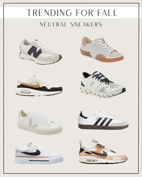 Neutral sneakers for fall 2023! Nike, New Balance, Adidas, On, Veja, Dolce Vita Neutral Sneakers, Outfit Capsule, Nike New Balance, Winter Office, Fall Sneakers, Gender Inclusive, New Balance 327, Capsule Outfits, Fall 2023