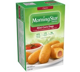 A great treat for little ones without the trans fat and scary stuff that's in hotdogs. A great find! Veggie Dog, Mini Corn Dogs, Veggie Dogs, Frozen Veggies, On A Stick, Corn Dogs, Healthy Meals For Kids, Morning Star, Meat Free