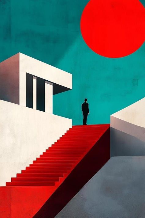 Modern Minimalist Canvas Print with Bold Red Staircase and Turquoise Background Inspired by Bauhaus Style Wall Art by CustomCanvasCurators 🎨 Elevate your space with our Modern Minimalist Canvas Print! 💫 Embrace the bold red staircase and serene turquoise backdrop, inspired by the iconic Bauhaus movement. ✨ Perfect for adding a touch of contemporary design to your home, office, or studio. 💙🖼️ Let's spark conversations about art, modernism, and the power of color! 🌈 Perfect for art lovers or ... Bauhaus Background, Bauhaus Illustration, Red Staircase, Modernism Art, Bauhaus Movement, Bauhaus Art, Bauhaus Style, Bauhaus Design, Geometric Forms