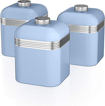 Amazon.com: Swan SWKA1020BLN Retro Kitchen Storage Canisters, Iron, Blue, Set of 3 : Home & Kitchen Blue Kitchen Canisters, Blue Canister Set, Blue Kitchen Accessories, Duck Egg Blue Colour, Vintage Inspired Kitchen, Kitchen Storage Canisters, Metal Canisters, Mug Tree, Bread Bin