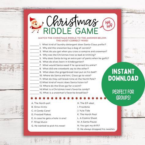 Holiday Games For Work, Christmas Riddles With Answers, Holiday Games For Adults, Christmas Games For Adults Holiday Parties, Christmas Word Games, Kid Holiday Games, Christmas Game For Kids, Christmas Printable Games, Indoor Games For Adults