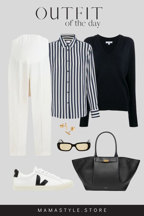 A little bit of silk, a touch of cashmere, and a lot of comfort. Smart casual is a great way to feel comfortable during those long office days. Check out mamastyle.store for more outfit inspo! ✨️ Casual Maternity Outfits, Gold Bar Earrings Studs, Maternity Work Clothes, Maternity Outfit, Casual Luxe, H&m Shoes, Casual Maternity, Veja Sneakers, Cashmere Jumper