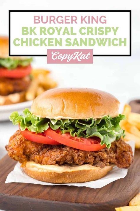 Indulge in the flavors of Burger King at home with a BK Royal Crispy Chicken Sandwich. Perfectly seasoned fried chicken, crisp lettuce, fresh tomato, and the signature Royal Sauce come together to create a mouthwatering experience. Ideal for lunch, dinner, or any time you crave a fast-food classic with a homemade twist. Get the easy copycat recipe and find out how to make the best chicken sandwich like Burger King. Chicken Royale Recipe, Crispy Spicy Chicken, Crispy Chicken Sandwich, Spicy Chicken Sandwich, Hot Sandwiches, Crispy Chicken Burgers, Crispy Chicken Sandwiches, Breaded Chicken Cutlets, Spicy Chicken Sandwiches