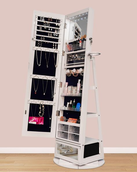 PRICES MAY VARY. 【Expansive Storage Capacity】: With space for 65 rings, 36 necklaces, 144 pairs of earrings, plus ample room for all your skincare and makeup products, this jewelry cabinet armoire ensures your collection is beautifully organized and easily accessible 【3-in-1 Design】: A harmonious blend of a full-length dressing mirror, an inner jewelry cabinet to secure your precious items, and a rear storage area for additional convenience, making it a versatile addition to any room 【The Ultima Whole Body Mirror, Full Length Mirror With Storage, White Floor Mirror, Mirror Organizer, Full Length Mirror Cabinet, Mirror Jewelry Cabinet, Skincare And Makeup Products, Mirror Storage, Mirror Jewelry Storage