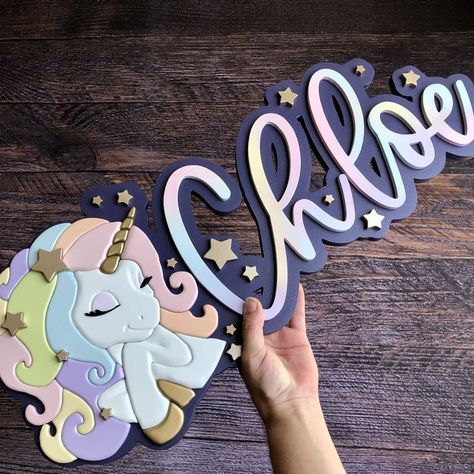 Craft beautiful Easter baskets and wood projects with Cricut for teachers. Dark Purple Paint, Cloud Names, Nursery Wood Sign, 3d Unicorn, Unicorn Decor, Unicorn Names, Unicorn Nursery, Laser Cut Wood Crafts, Personalized Wood Signs