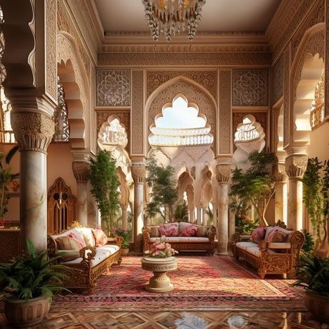 Middle Eastern Architecture House, Arabian Interior Design, African Palace, Sandstone Castle, Arabian Interior, Arabian Palace, Castle Sketch, Islamic Interior Design, Bohemian Interior Design