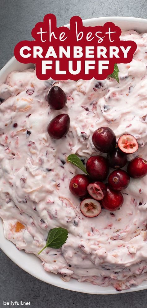 This Cranberry Fluff salad recipe combines cranberries, crushed pineapple, and mini marshmallows all folded together in a sweet, cream cheese mixture. It's perfect for Thanksgiving or Christmas as an easy side or light dessert! Cranberry Cheesecake Fluff, Easy Cranberry Fluff, Cranberry Fluff Salad, Fresh Cranberry Salad, Thanksgiving Recipes Dessert, Recipes Dessert Easy, Fresh Cranberry Recipes, Cranberry Fluff, Cranberry Salad Recipes