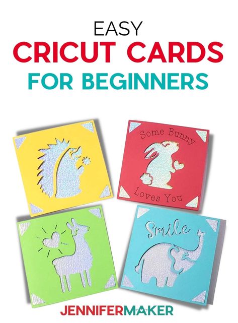 Four colorful Cricut cards with animal cutout designs. Birthday Cards Easy, Holiday Place Cards, Cricut Birthday Cards, Paper Flower Wall Art, Simple Card Designs, Jennifer Maker, Cricut Christmas Ideas, Cricut Birthday, Rainy Afternoon