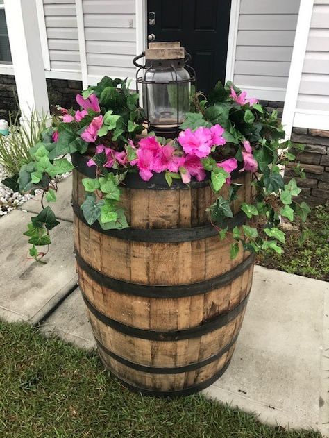 Whiskey barrel for front porch Whiskey Barrel Planter Flowers, Country Cottage Porch, Cottage Porch Ideas, Wine Barrel Garden, Whiskey Barrel Decor, Whiskey Barrel Planter, Barrel Flowers, Wine Barrel Planter, Patio Decorations