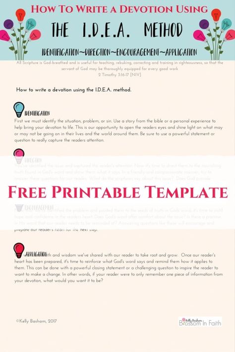 Free printable template on how to use the IDEA method to write a devotional. Devotional Journal, Devotional Books, Bible Study Tools, Writing Challenge, Writing Templates, Christian Devotions, Bible Devotions, Writing Project, Bible Studies