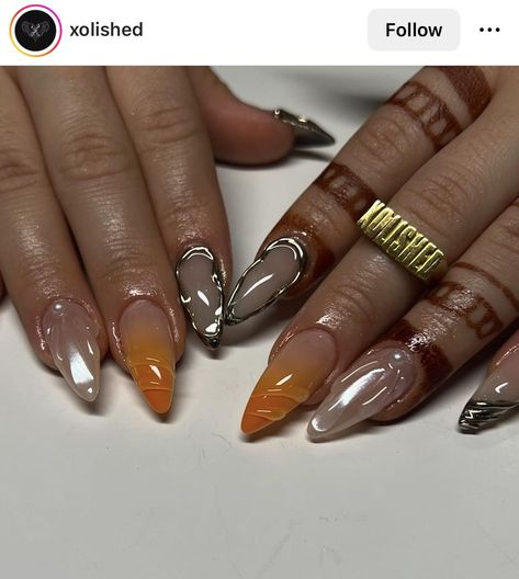 Fall Press On Nails, Acrylic Nails Summer, Orange Nail Designs, Nails Chrome, Chrome Nail Art, Nail Designs Tutorial, Chrome Nail, Trendy Nail Art Designs, Seasonal Nails