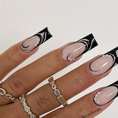 Stephanie holland on Instagram: "My signature abstract french and flicks🖤🤍 • Using @glossifyofficial milky pink acrylic, milky white and one coat black @luvaj rings ✨🤍 . . . #nails #naildesign #nailsofinstagram #nailsoftheday #acrylicnails #blingnails #nailporn #valentinesnails #showscratch #nailsmagazine #nailart #love #loveglossify #instanails #pressonnails #nailinspo #whitenails #nailartdesign #nailitdaily #usemeglossify #fyp #summernails #valentinesnails @nailitmag @scratchmagazine @nailsby.gelpolish @salonsdirect @glossifyofficial @hercrylics ." Milky Pink, Milky Nails, My Signature, Pink Acrylic, Pink Acrylics, Milky White, Bling Nails, Chic Nails, Nails Magazine