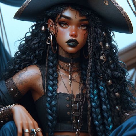 Women’s Pirate Makeup, Fantasy Black Hairstyles, Woman Pirate Makeup, Black Female Pirate, Pirate Hairstyles For Women, Pirate Makeup Women, Pirate Hairstyles, Pirate Attire, Pirate Vibes