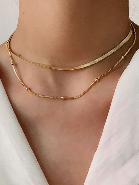 Luxury Minimalist Jewelry With Double Chain, Luxury Minimalist Double Chain Necklace, Luxury Minimalist Double Chain Jewelry, Plain Gold Chain Designs For Women, Plain Gold Necklace, Layers Necklace, Double Layer Necklace, Double Necklace, Gold Chain Choker