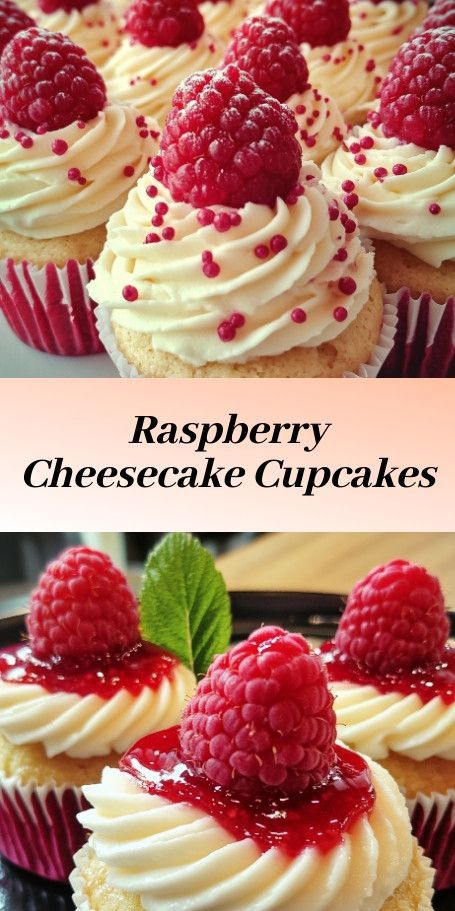 Luscious Raspberry Cheesecake Cupcakes :sparkling_heart::grapes::cupcake: Indulge in the delightful combination of creamy cheesecake and juicy raspberries nestled within a sweet cupcake. Perfect for any occasion and sure to satisfy your sweet tooth! Cupcakes With Fruit Filling, Almond Wedding Cake Cupcakes Raspberry Filling, Heart Grapes, Mini Raspberry Cheesecake, Raspberry Cheesecake Cupcakes, Strawberry Filled Cupcakes, Cheesecake Cupcake, Almond Wedding Cakes, Cheesecake Cupcakes Recipe