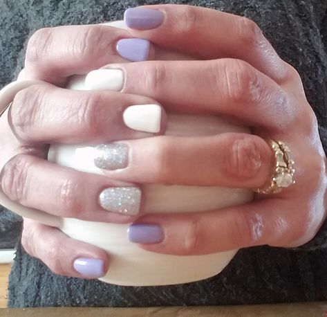 Purple And White Nail Art Designs, Milky White And Lavender Nails, Lilac Nails With Accent Nail, Lavender White Nails, Cute Lavender Nails Short, White And Lavender Nails, Lavender And Silver Nails, Lavender And White Nails, White And Purple Nails