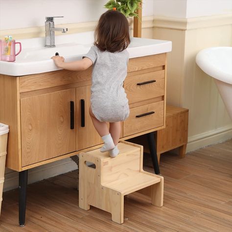 A step stool is a necessity with young children who love to help in the kitchen, are potty training, or just establishing new independence. This one is a great price, too! Wooden step stool, two step stool for kids, supports 200lbs, kids toddler stepping stool toilet/kitchen/bed step stool, natural Potty Stool, Step Stool For Kids, Toddler Bathroom, Daycare Furniture, Stepping Stool, Toilet Stool, Toddler Step Stool, Bed Steps, Kitchen Step Stool