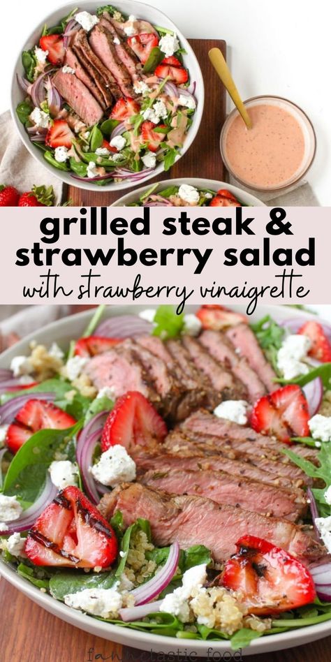 This strawberry summer salad with steak features a homemade strawberry vinaigrette dressing that's to die for! With quinoa, grilled strawberries, goat cheese, baby spinach, arugula, juicy steak, and lots more goodness, this tasty spinach salad recipe is always a hit. Strawberry Vinaigrette Dressing, Strawberry Goat Cheese Salad, Salad With Steak, Salad With Vinaigrette, Strawberry Goat Cheese, Grilled Strawberries, Hearty Salad Recipes, Good Steak Recipes, Steak Salad Recipe