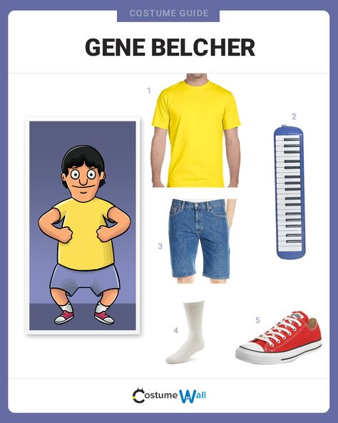 The best cosplay guide for dressing up like Gene Belcher, the middle son and aspiring musician on the FOX comedy series Bob's Burgers. Gene Belcher Costume, Bobs Burgers Costume Family, Bobs Burgers Halloween Costumes, Gene Bobs Burgers, Bob's Burgers Halloween Costume, Bobs Burgers Costume, Bob's Burgers Halloween, Gene Belcher, Burger Costume