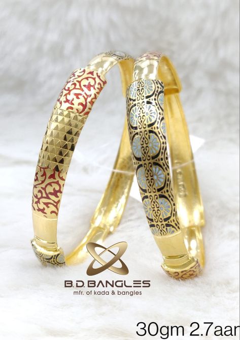 Laser mina bangles for daily use and party wear Gold Meena Bangles, Gold Bengal, Gold Kada, Unique Gold Jewelry Designs, Womens Bangles, Bangles Design, Gold Ring Designs, Bangles Jewelry Designs, Gold Bangles Design