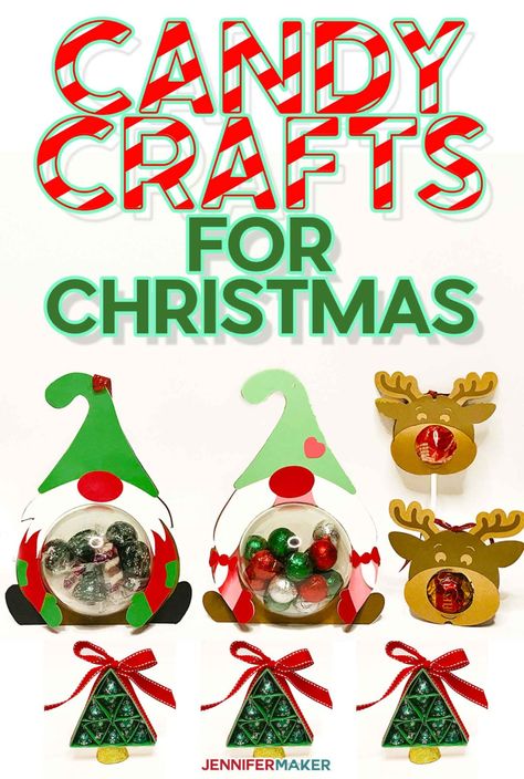 Candy Crafts for Christmas: Chocolate Tree, Gnome Candy Holders, and Rudolph Lollipop Holders Christmas Candy Crafts Homemade Gifts, Candy Crafts For Christmas, Candy Holder Diy, Cricut Printables, Christmas Candy Crafts, Crafts For Christmas, Candy Creations, Jennifer Maker, Crafts Homemade