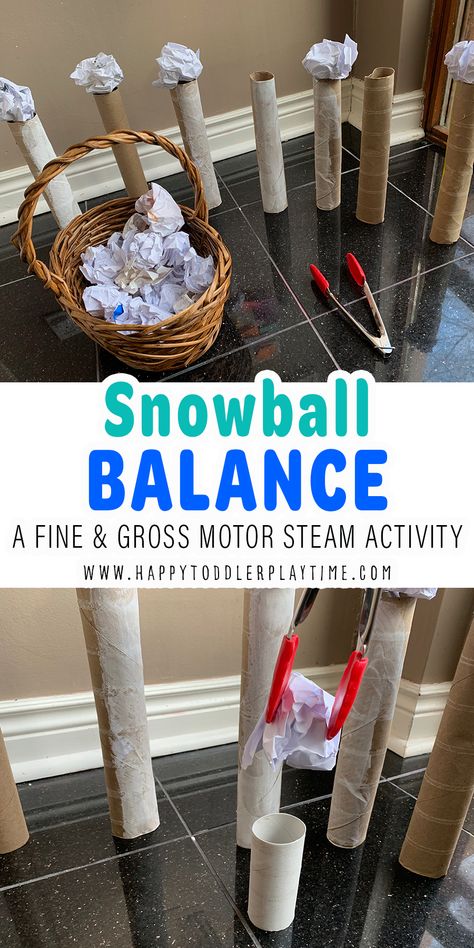 Snowball Balance: Winter STEM - Happy Toddler Playtime Winter Themed Social Emotional Activities, Winter Discovery Center Preschool, Winter Small Group Activities Preschool, New Years Lesson Plans For Toddlers, Winter Loose Parts, Artic Preschool, Winter Sports Crafts For Toddlers, Winter Activities For Babies, Winter Toddler Activities