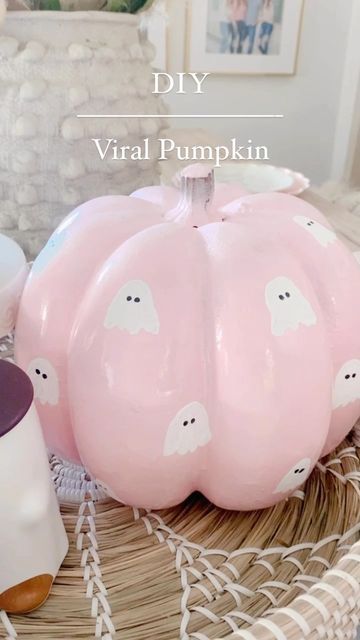 Girly Pumpkin Paintings, Pink And White Pumpkins, Paint Ideas Pumpkin, Painting Baby Pumpkins, Baby Girl Pumpkin Painting, Pink Ghost Pumpkin Painting, Pumpkin Painting Ideas Starbucks, Pumpkin Painting Ideas Ceramic, Ideas For Painted Pumpkins