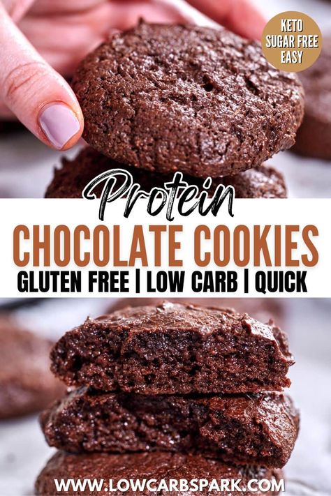 These Protein Cookies combine almond butter and protein powder for a soft, chewy indulgence. Flourless, low carb, and sugar-free, they're perfect for breakfast or as a coffee/tea companion. Each gluten-free cookie supplies 10g of protein to fuel your day. Gluten Free Protein Cookies, Clean Cookies, Protein Breakfast Cookies, Protein Powder Cookies, Healthy Chocolate Cookies, Galletas Keto, High Protein Cookies, Protein Chocolate, Paleo Cookies