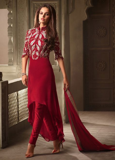 Compelling Red #Georgette #StraightCutSuit #partywear #weddingwear #heavywomenwear #salwarkameez Up Down Kurti, डिजाइनर कपड़े, Georgette Suit, Eastern Wear, Designer Salwar Kameez, Designer Anarkali Suits, Churidar Designs, Salwar Designs, Dress Salwar Kameez