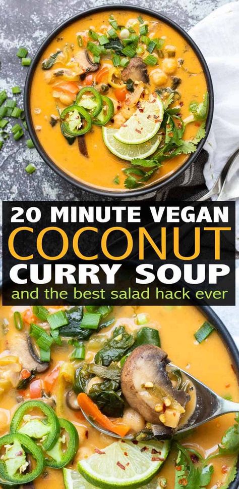 20 minutes and little effort for a vegan coconut curry soup with big flavor! This soup is filled with veggies and protein, a perfect well rounded meal. #vegansoup #foodhacks #ad Vegan Coconut Curry, Coconut Curry Soup, Vegan Coconut, Coconut Soup, Soup Vegan, Curry Soup, Salad Soup, Vegan Soup Recipes, Vegan Curry