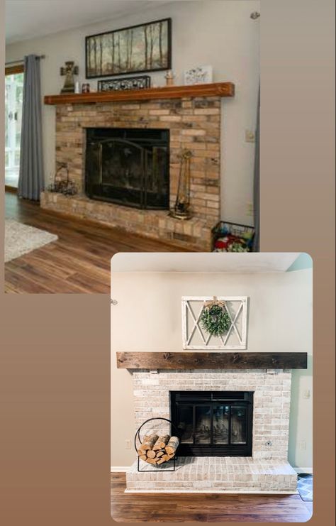 Whitewash Brick Fireplace With Mantle, Tan Fireplace Makeover, Fireplace Makeover Whitewash, Updating A Fireplace Before And After, Painted Fireplace Before And After, Remodeled Fireplace Before And After, Chimney Removal Before And After, Diy Fireplace Makeover Before And After, Whitewash Brick Fireplace Before After