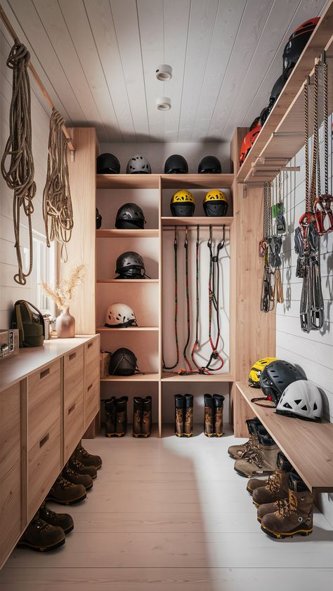 ❄️ Achieve a clean, minimalist aesthetic in your rock climbing gear closet with Scandinavian-inspired mountain climbing gear storage. Use simple lines and neutral tones for a clutter-free climbing gear organization system. #RockClimbingGearCloset #MountainClimbingGear #ClimbingGearStorage Rock Climbing Storage, Climbing Gear Storage Ideas, Climbing Gear Rack, Climbing Gear Storage, Climbing Gear Organization, Gear Room Ideas, Gear Room Organization, Outdoor Gear Organization, Mountain Climbing Gear