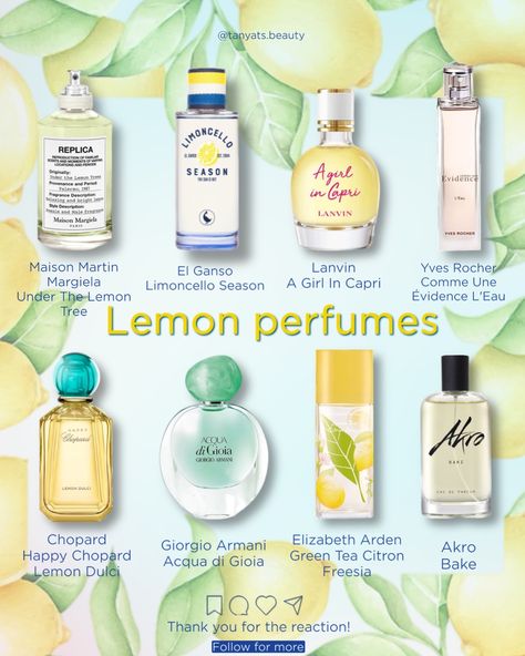 🍋 Lemon perfumes — best summer finds ⬇️ *Please note that most of these are leaning towards feminine side, or unisex. ▫️ Maison Martin Margiela Under The Lemon Tree — this unisex perfume doesn’t have a lemon note (lime and lemongrass instead), but it definitely creates that feeling of being under a lemon tree, or drinking fresh lemon tea. ▫️ El Ganso Limoncello Season — smells like a lemon drink with ginger and ice, very natural, with no sweetness. This one is definitely unisex, I’d say... Maison Margiela Under The Lemon Tree, Lemon Scented Perfume, Lemon Vanilla Perfume, How To Smell Like Lemons, Lemongrass Perfume, Lime Perfume, Lemon Perfume, Under The Lemon Tree, Summer Smells