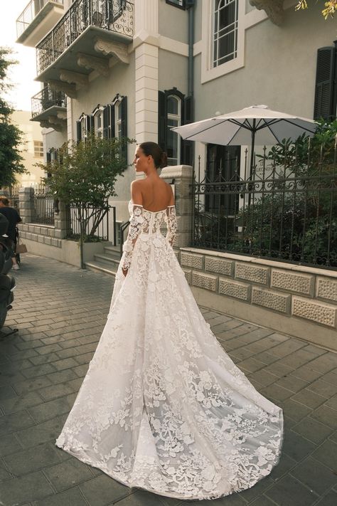 The SELENA Ball Gown, from our #NetaDover2024 couture collection. A strapless ball gown featuring a sweetheart neckline, floral details, detached sleeves, and long train.⁠
⁠
#netadover #mermaidweddingdress #luxurybridal #NYBFW #NetaDover #FW2024 #couturebridal Wedding Dress Detached Sleeves, Detached Wedding Dress, Neta Dover, Couture 2024, Detached Sleeves, Kleinfeld Bridal, Detachable Sleeves, Allure Bridal, Long Train