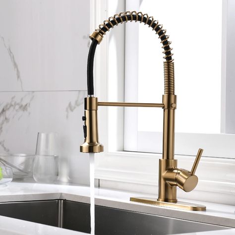 Dashan Commercial Pull Down Single Handle Kitchen Faucet Gold & Reviews | Wayfair Gold Kitchen Faucet, Touchless Kitchen Faucet, Pull Down Kitchen Faucet, Kitchen Faucet With Sprayer, Single Handle Kitchen Faucet, Gold Kitchen, Kitchen Hardware, Champagne Bronze, Kitchen Sink Faucets